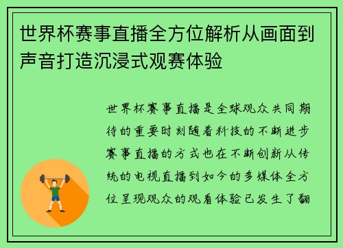 世界杯赛事直播全方位解析从画面到声音打造沉浸式观赛体验